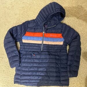 Cotopaxi Puffer Jacket - Navy with Red, Blue, and Pink Stripes